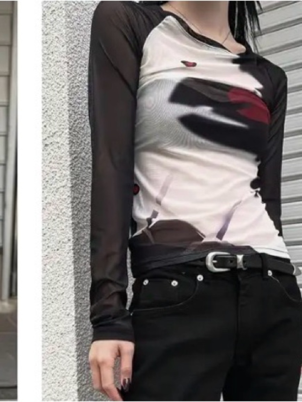Sheer Sleeve Graphic Long-Sleeve Top - Black & White